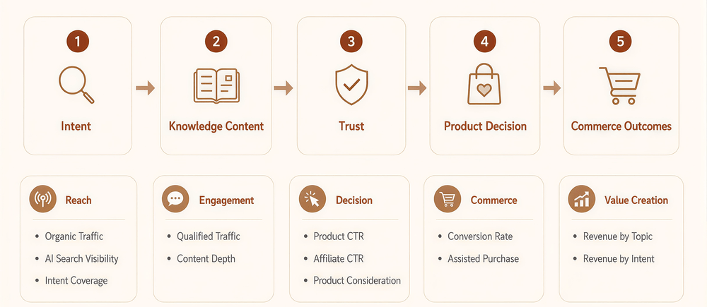 แผนภาพ Commerce Measurement Logic แสดงการวัดผลจาก Intent, Knowledge Content, Trust, Product Decision ไปสู่ Commerce Outcomes พร้อม KPI เช่น Reach, Engagement, Decision, Commerce และ Value Creation