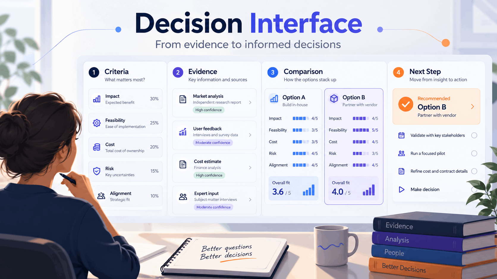 ภาพจำลอง Decision Interface แสดงการจัดเกณฑ์ หลักฐาน การเปรียบเทียบทางเลือก และขั้นตอนถัดไป เพื่อช่วยให้ผู้ใช้ตัดสินใจโดยมีข้อมูลประกอบ