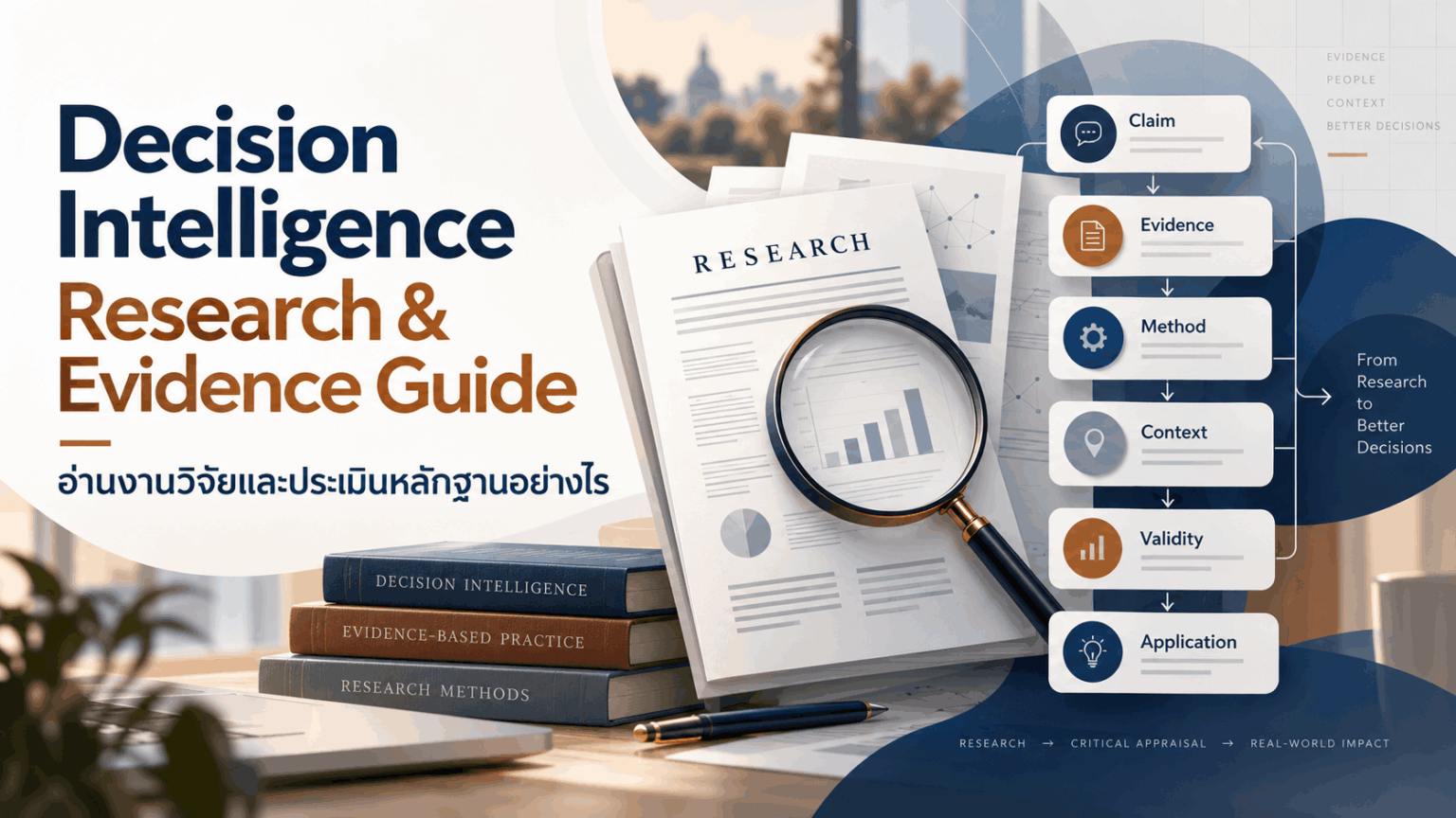 Decision Intelligence Research & Evidence Guide ภาพประกอบงานวิจัย เอกสาร แว่นขยาย และขั้นตอนการประเมินหลักฐานตั้งแต่ Claim, Evidence, Method, Context, Validity ถึง Application