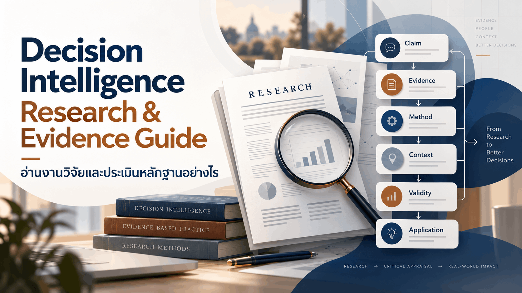 Decision Intelligence Research & Evidence Guide ภาพประกอบงานวิจัย เอกสาร แว่นขยาย และขั้นตอนการประเมินหลักฐานตั้งแต่ Claim, Evidence, Method, Context, Validity ถึง Application